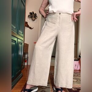 Eileen Fisher 100% organic linen cropped wide leg pants Sz 10 neutral beige